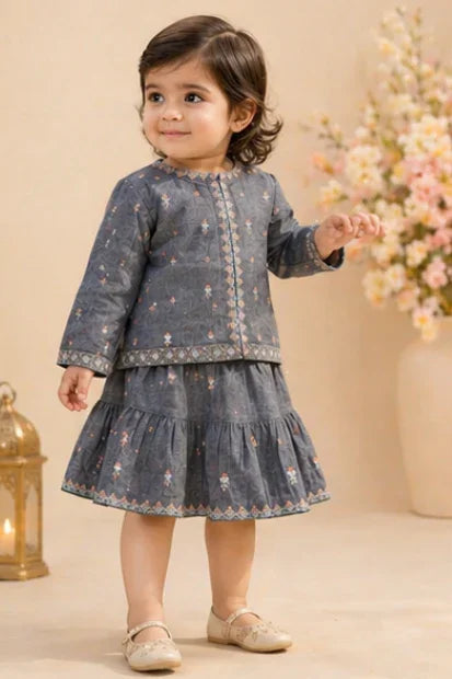 Baby Girls Embroidered Top & Skirt Set – Steel Blue