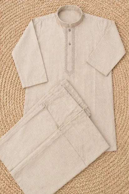 Boys Embroidered Kurta & Shalwar Set – Skin