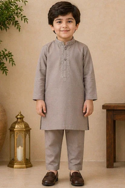 Boys Embroidered Kurta & Shalwar Set – Light Brown