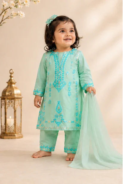 Girls Embroidered Kurta, Trouser & Dupatta Set – Mint/Green