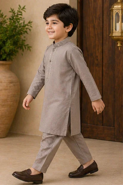 Boys Embroidered Kurta & Shalwar Set – Light Brown