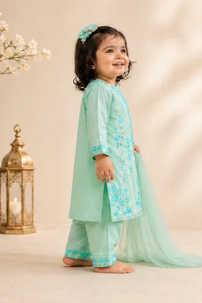 Girls Embroidered Kurta, Trouser & Dupatta Set – Mint/Green