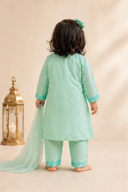 Girls Embroidered Kurta, Trouser & Dupatta Set – Mint/Green