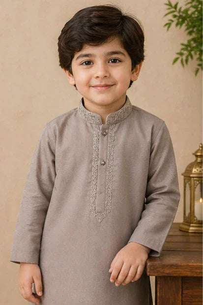 Boys Embroidered Kurta & Shalwar Set – Light Brown