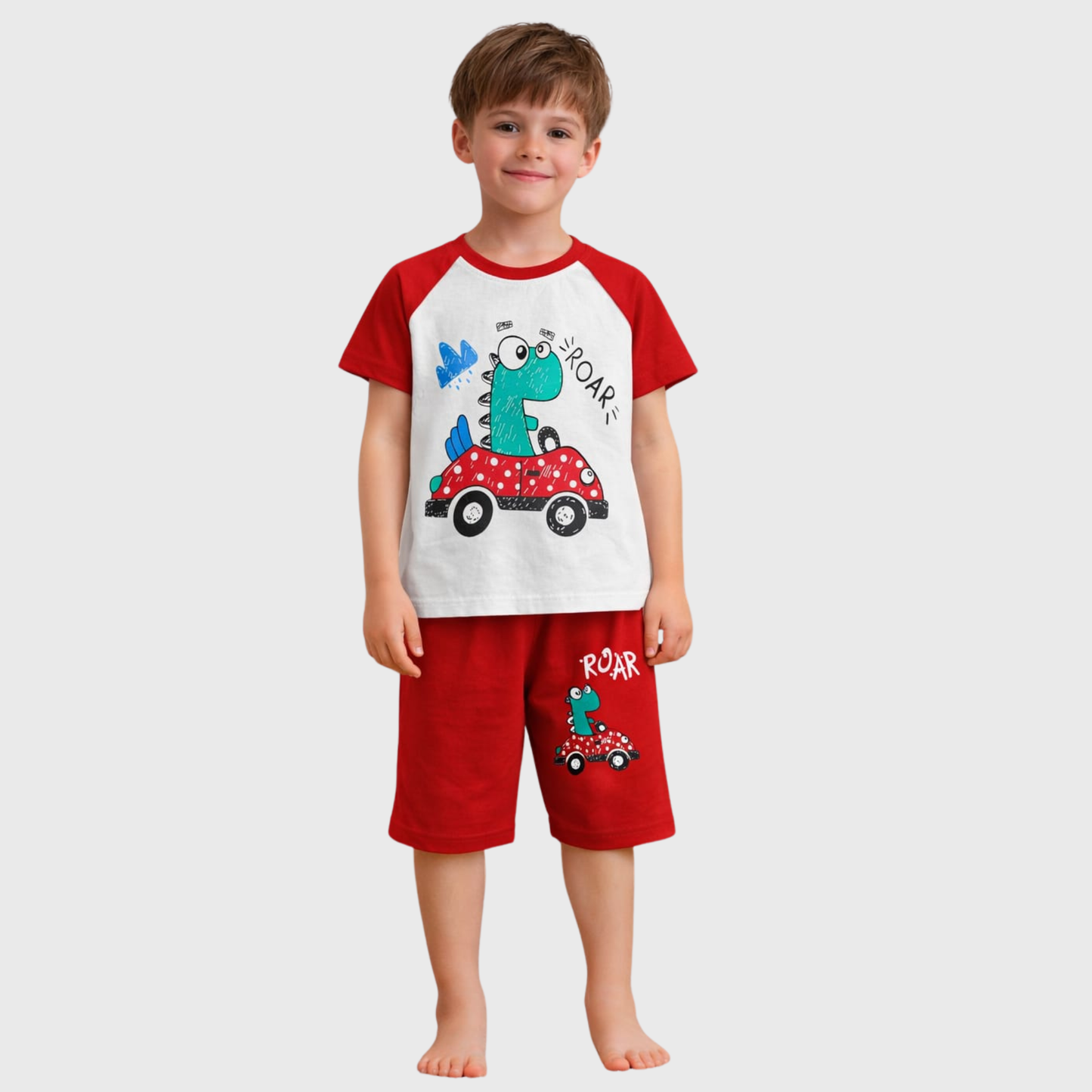 Dinosaur ROAR Red & White Raglan Short Set for Kids