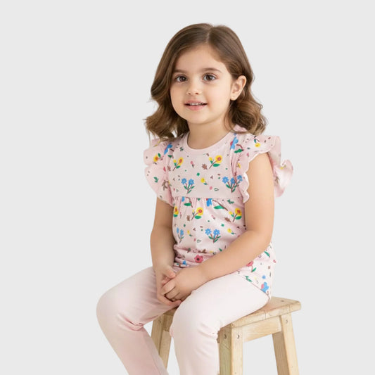 Floral Garden Pink Ruffle Top with Leggings Set for Girls