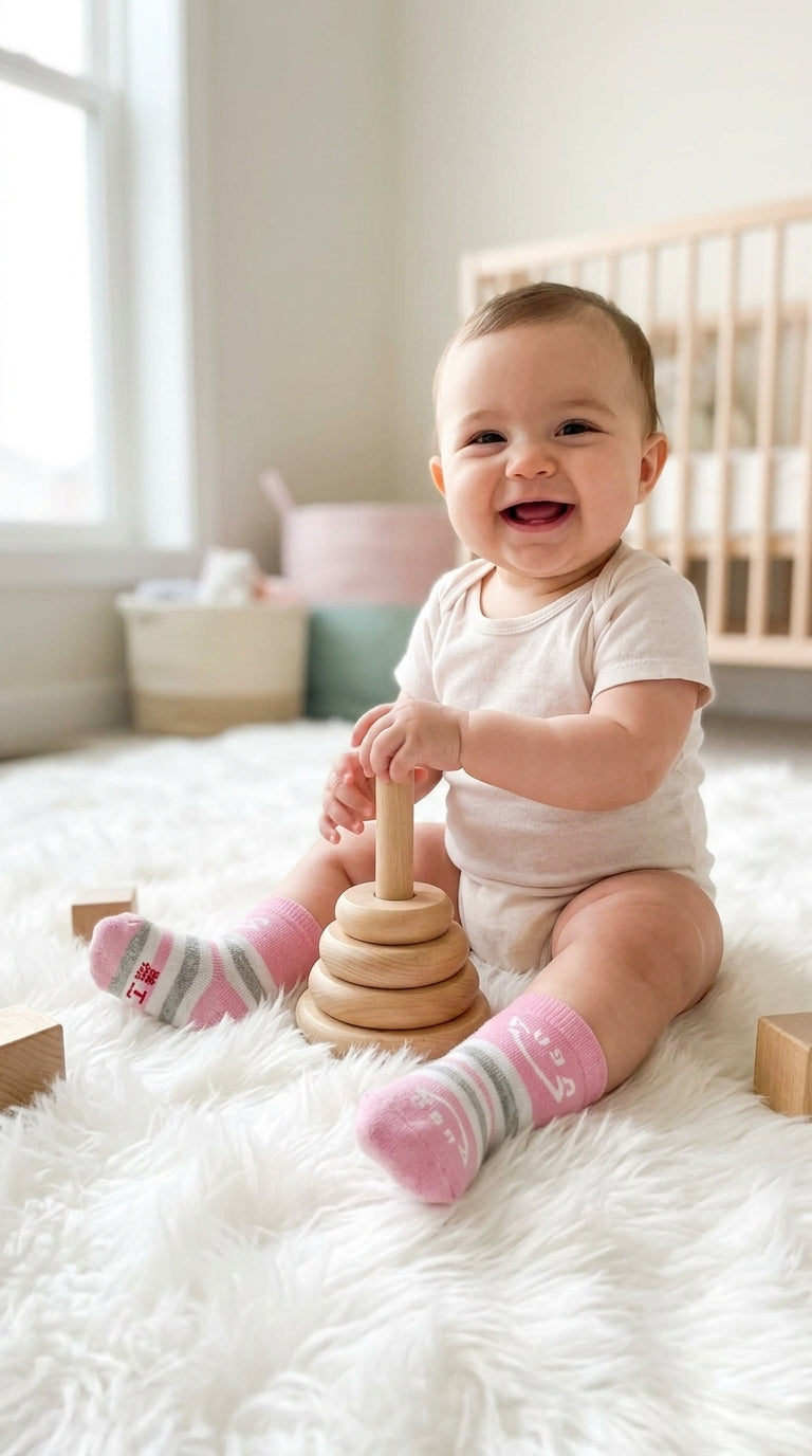 Soft Striped Baby Ankle Socks (Pink & Grey)