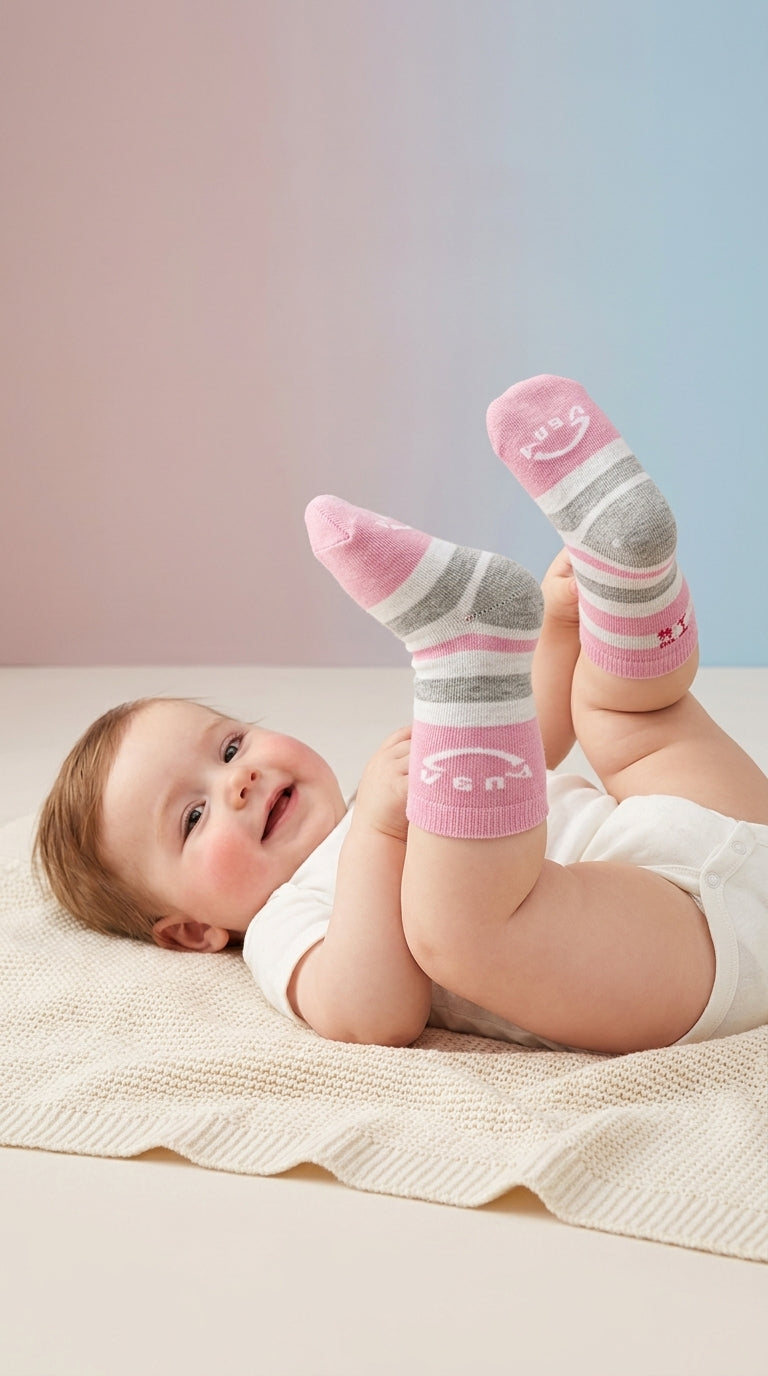 Soft Striped Baby Ankle Socks (Pink & Grey)
