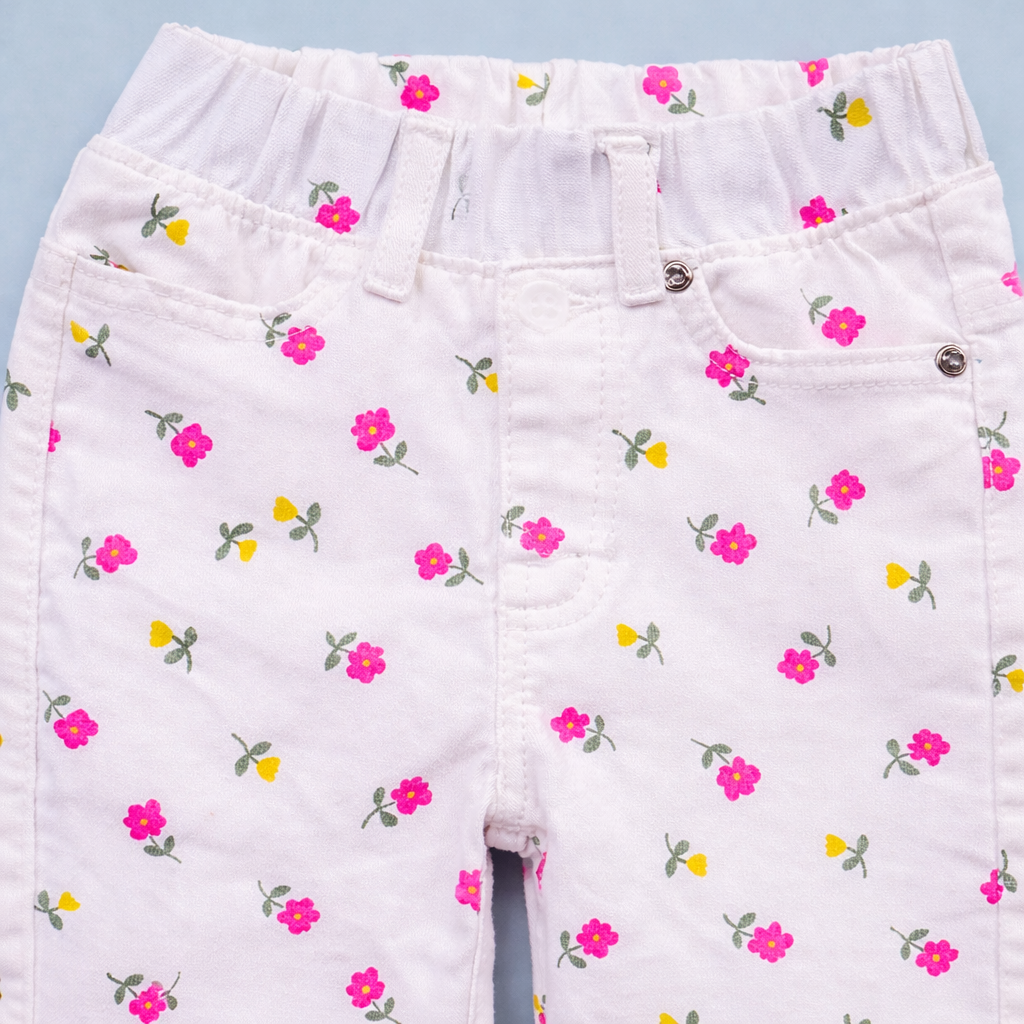 Off-White Jeans With Floral Print For Girls | 12M-14Yrs