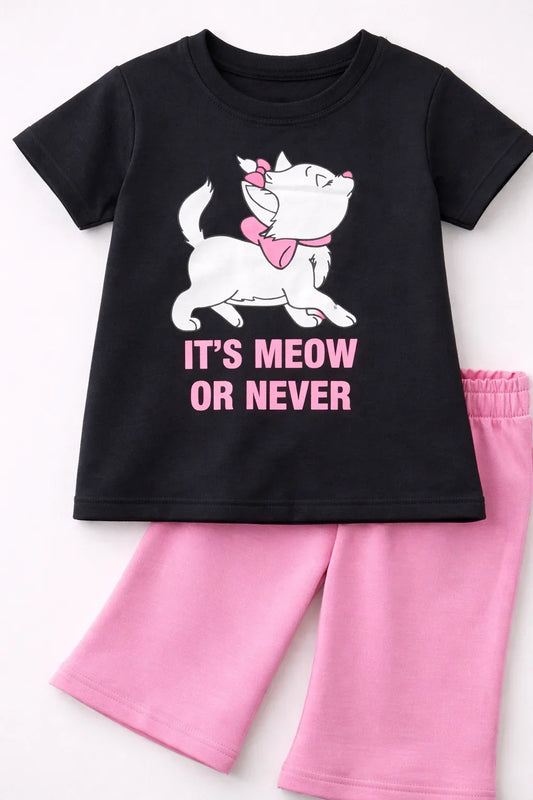 Cute Cat "It's Meow or Never" Navy & Pink Two-Piece Pajama Set for Girls