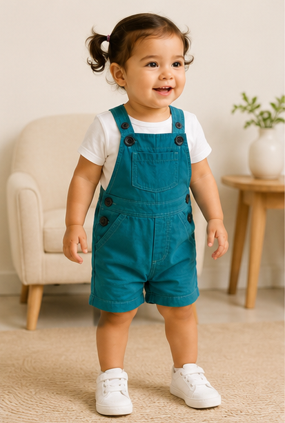 Unisex Baby Short Dungaree – Teal Blue