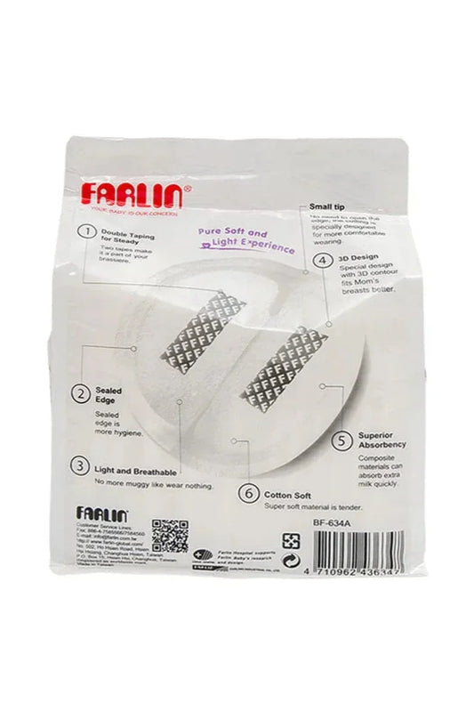Package of Farlin disposable breast pads with product features and instructions.