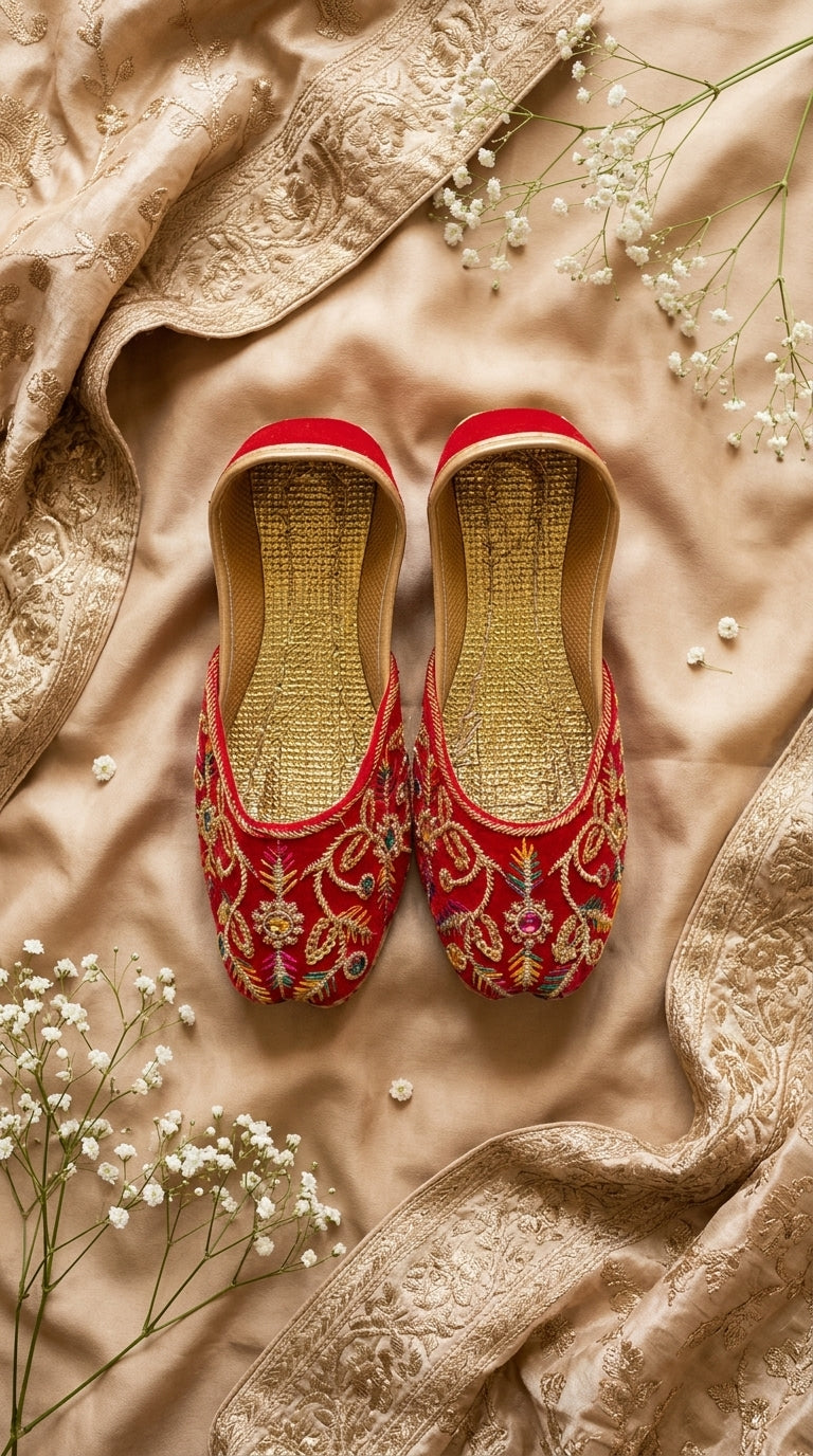 Kids Red Gold Embroidered Khussa