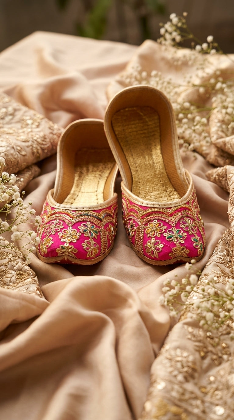 Kids Hot Pink Embroidered Khussa