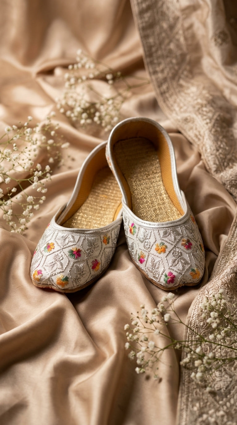Kids Ivory Silver Floral Embroidered Khussa