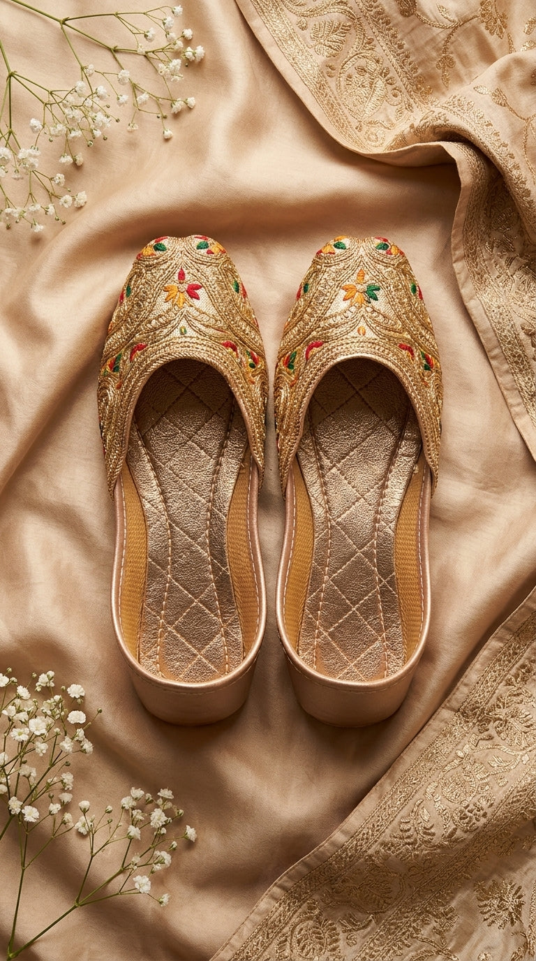 Kids Peach Gold Floral Embroidered Khussa