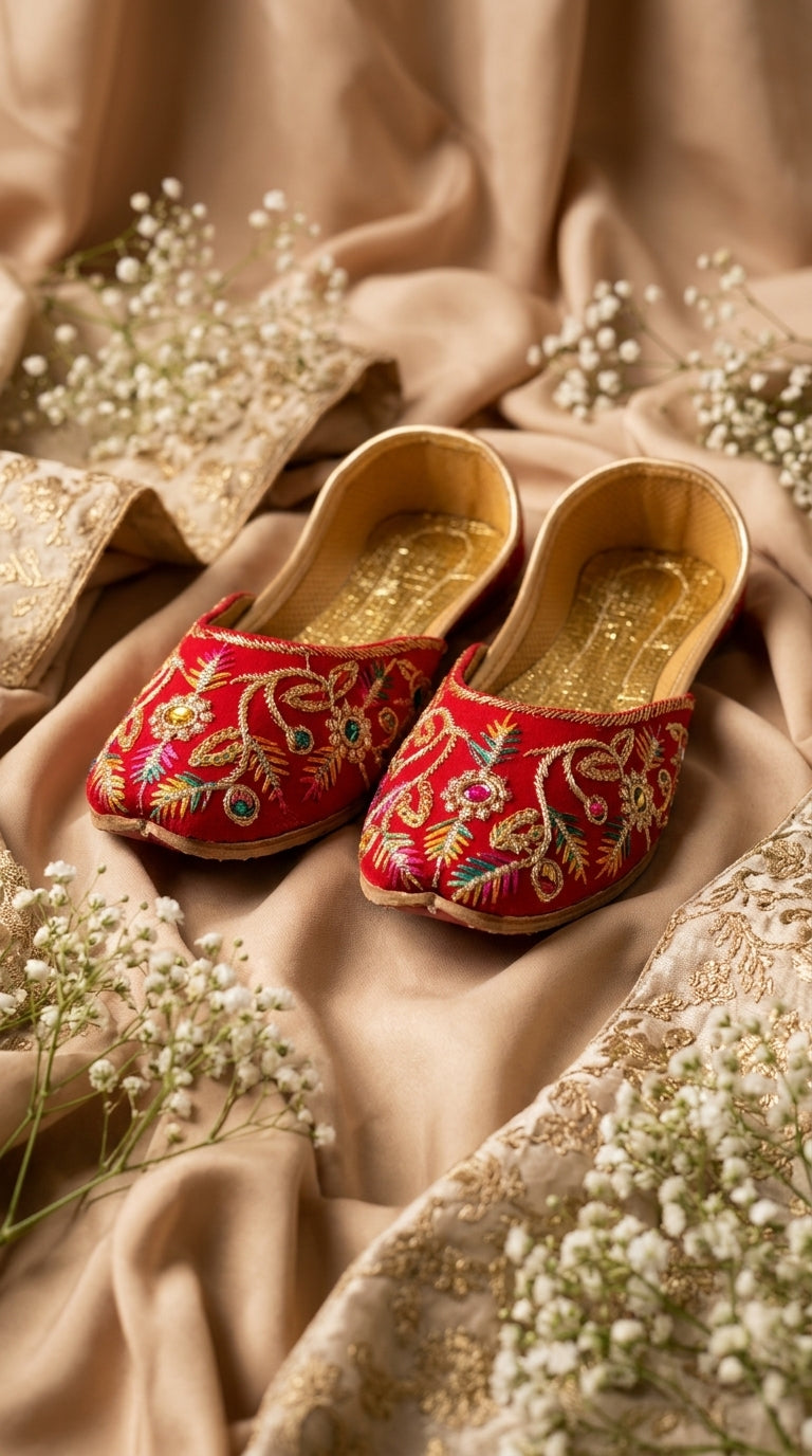 Kids Red Gold Embroidered Khussa