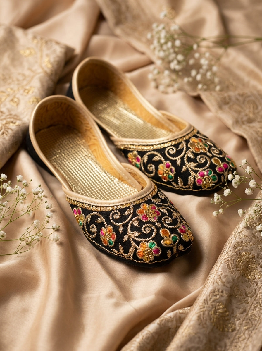 Kids Black Gold Floral Embroidered Khussa