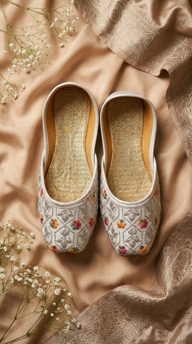 Kids Ivory Silver Floral Embroidered Khussa