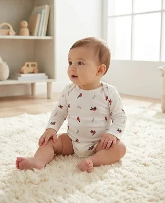 Long-Sleeve Red Bird Print Bodysuit