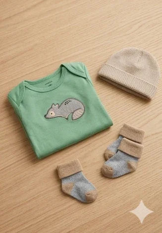 Long-Sleeve Sage Green Raccoon Bodysuit