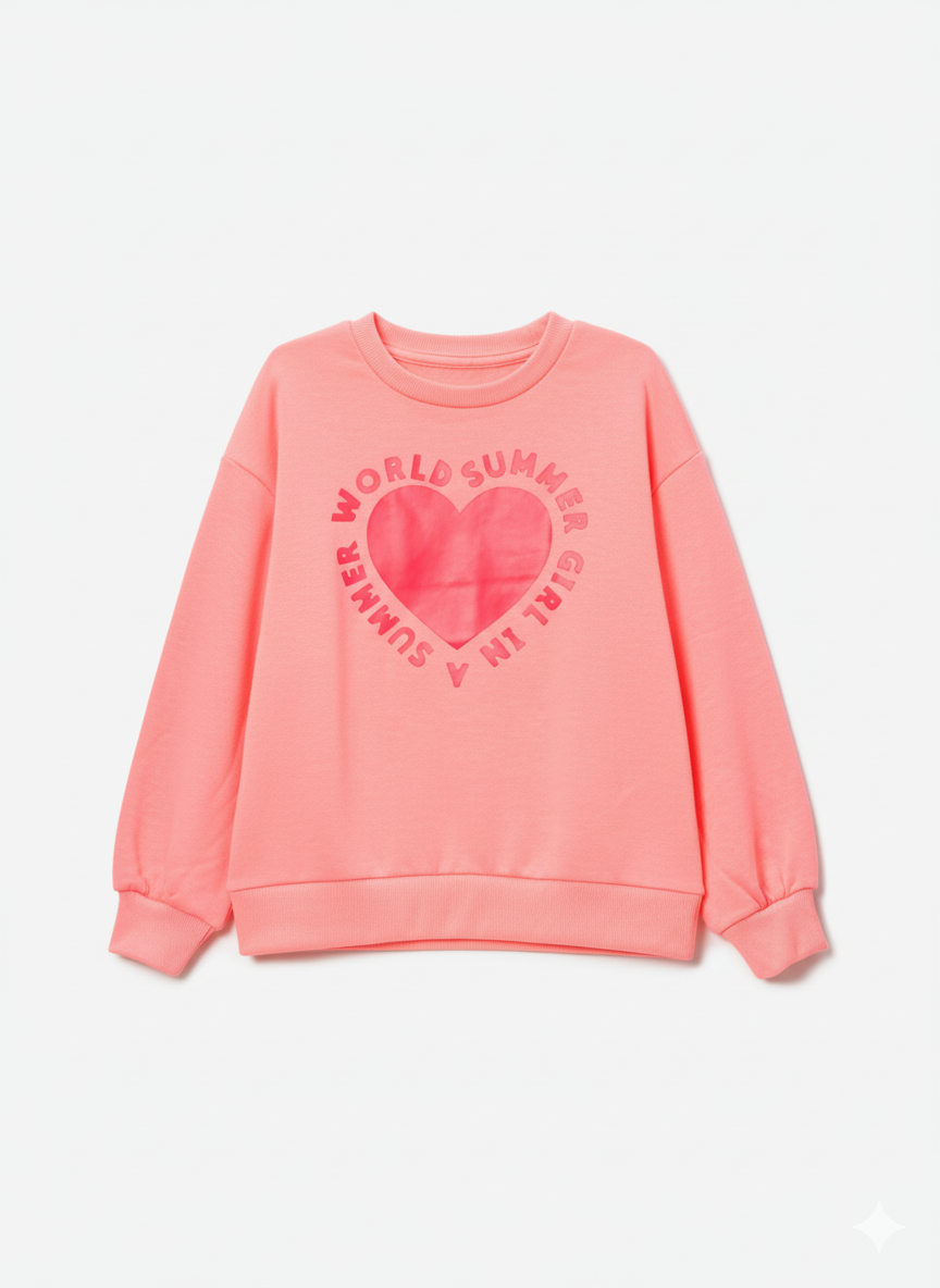 Girls' Pink Shoulder Down Sweatshirt – Summer Heart Design – Minor Fault (Ages 2–14)