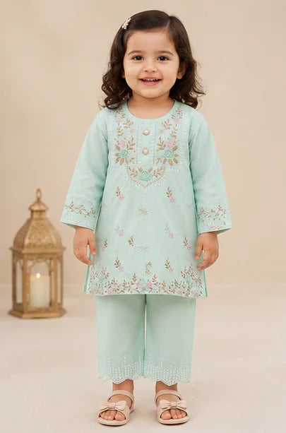 Girls Embroidered Kurta Set – Ferozi blue