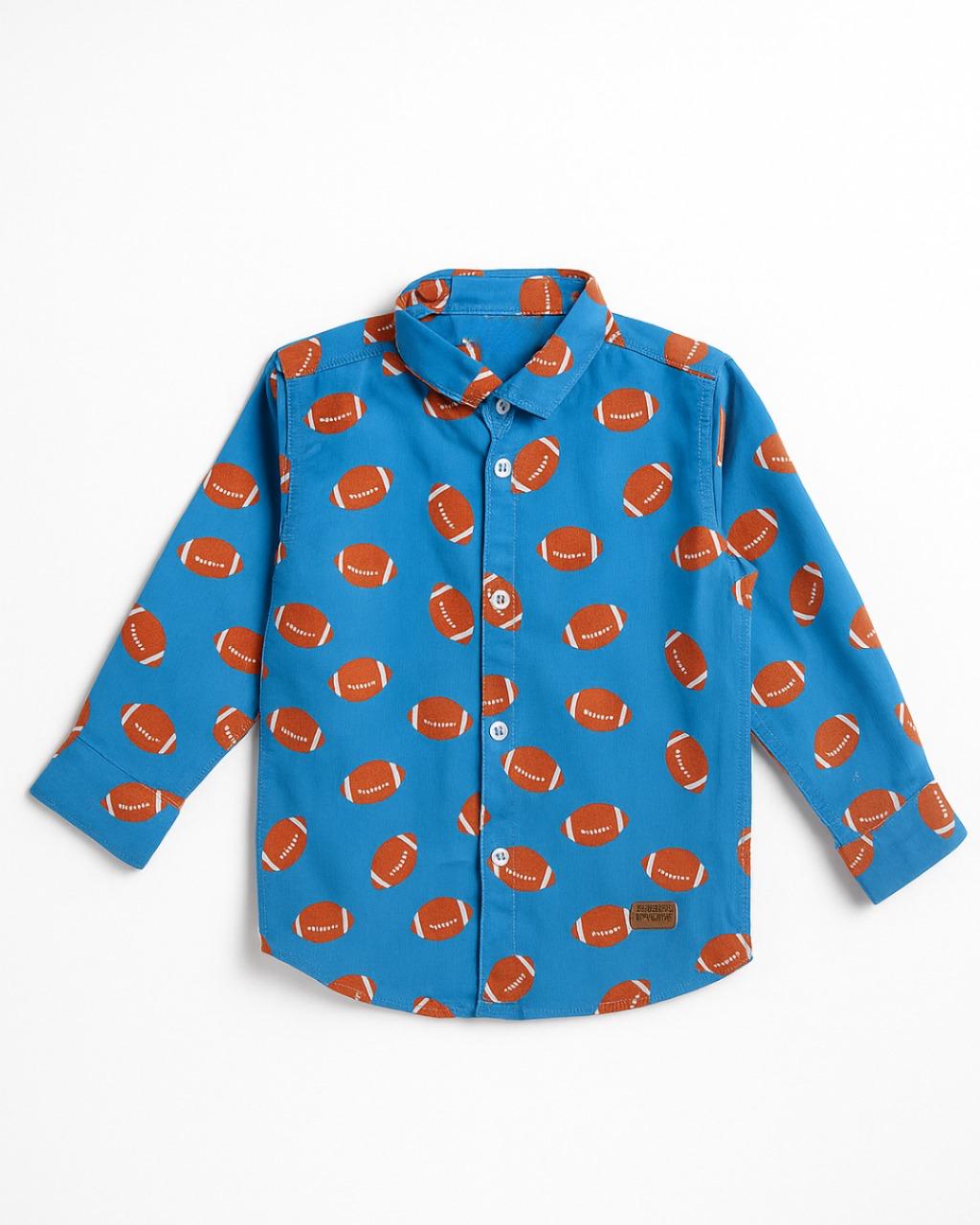 Blue Boys Shirt with Rugby Ball Print - Long Sleeve Button-Down | Size 1-6 years