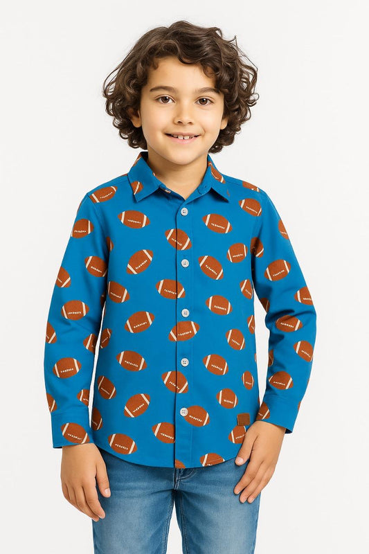 Blue Boys Shirt with Rugby Ball Print - Long Sleeve Button-Down | Size 1-6 years