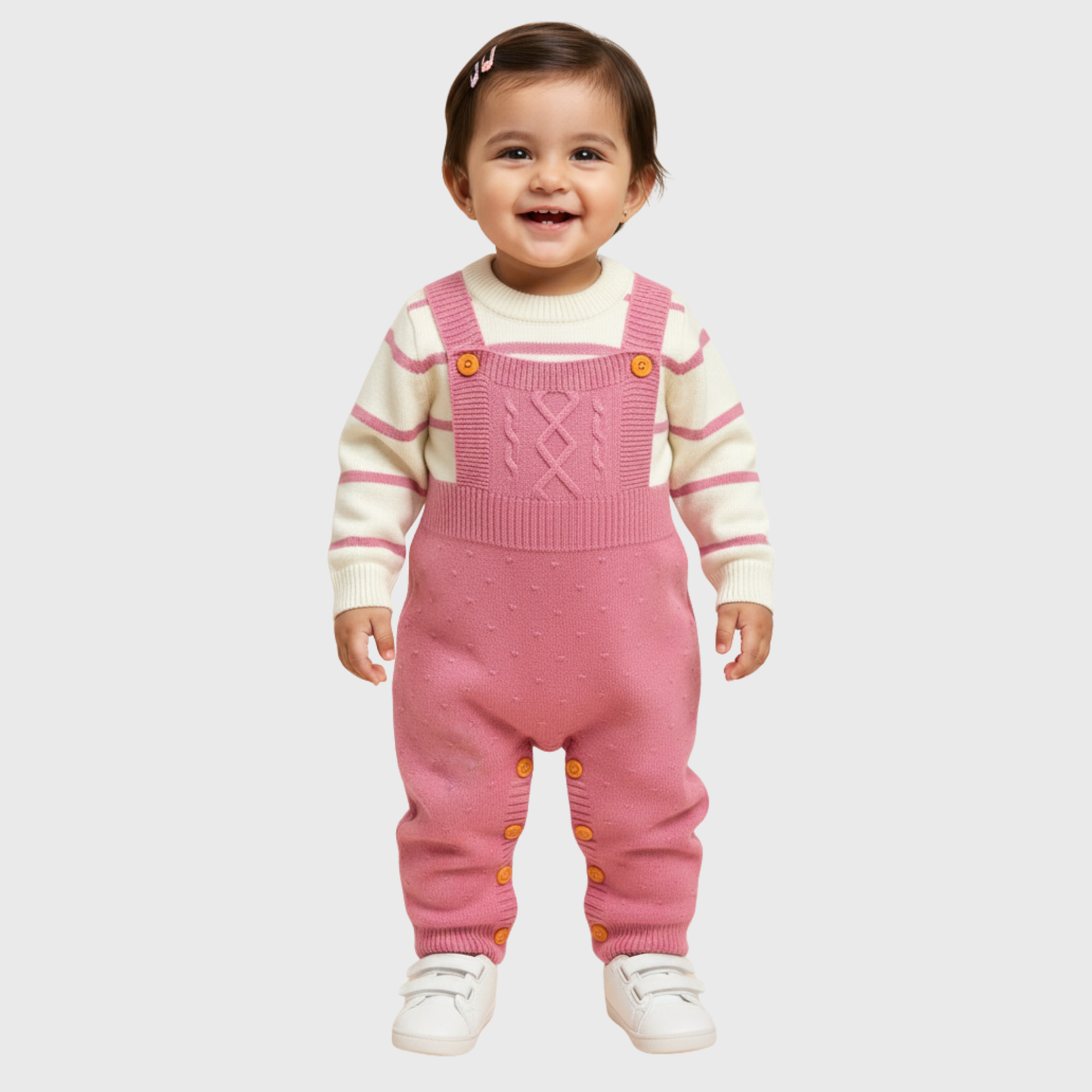 Baby Girl Knit Romper Set - Pink Cable Knit Overalls with Striped Sweater | Mommy Minors