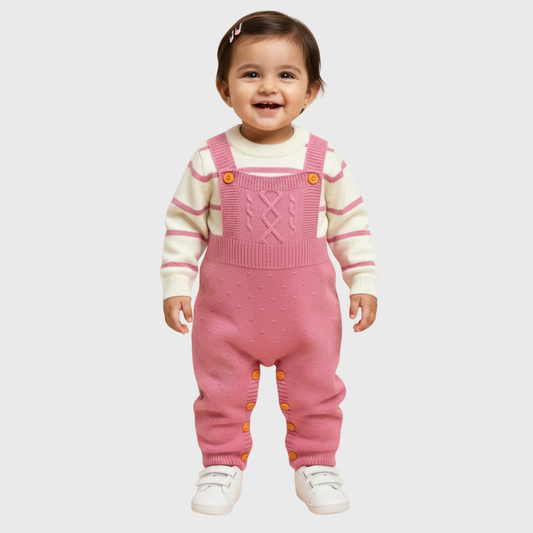 Baby Girl Knit Romper Set - Pink Cable Knit Overalls with Striped Sweater | Mommy Minors