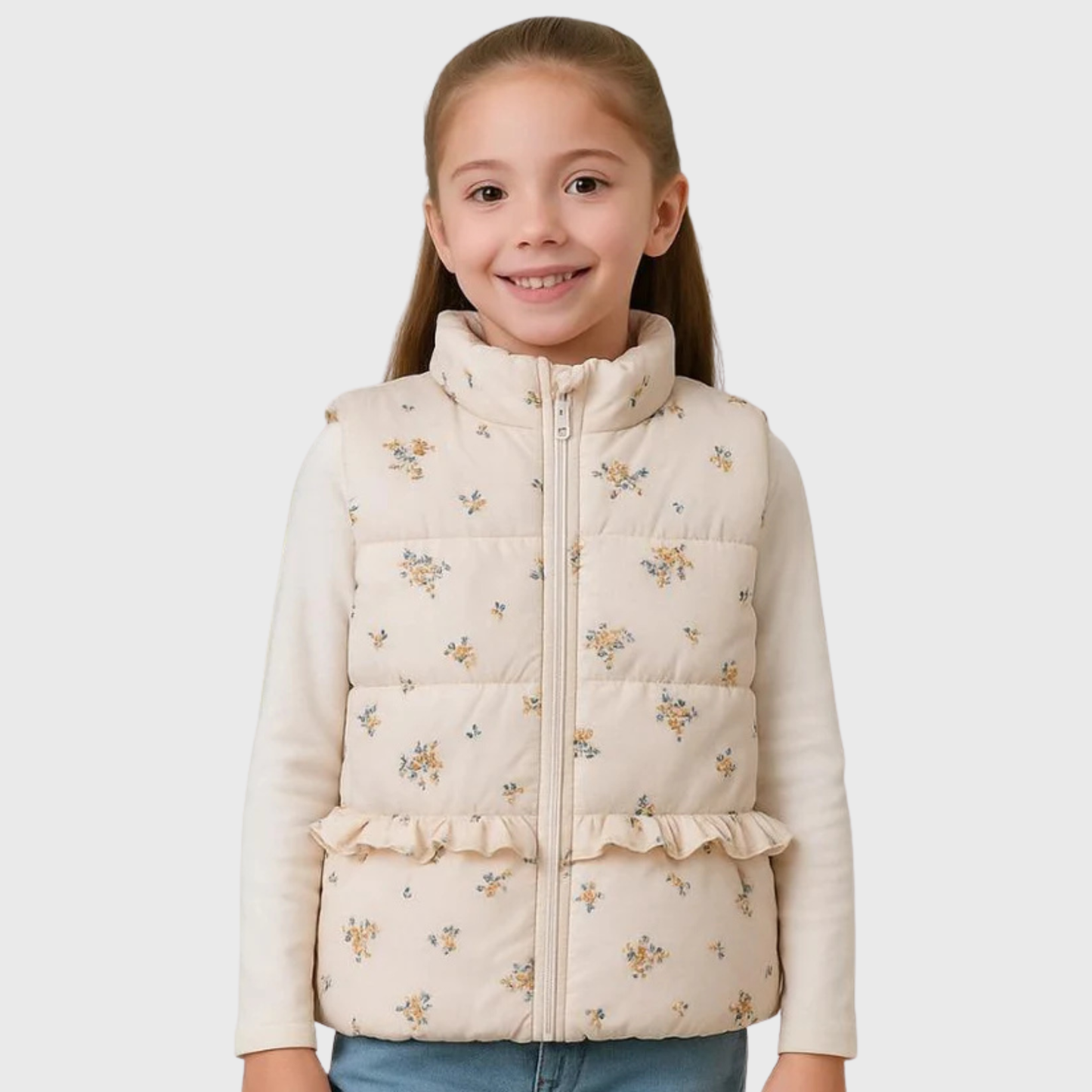 Girls Sleeveless Puffer Vest 1-6 Years - Cream Floral Quilted Zip-Up.