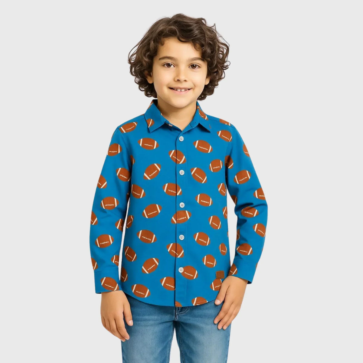 Blue Boys Shirt with Rugby Ball Print - Long Sleeve Button-Down | Size 1-6 years