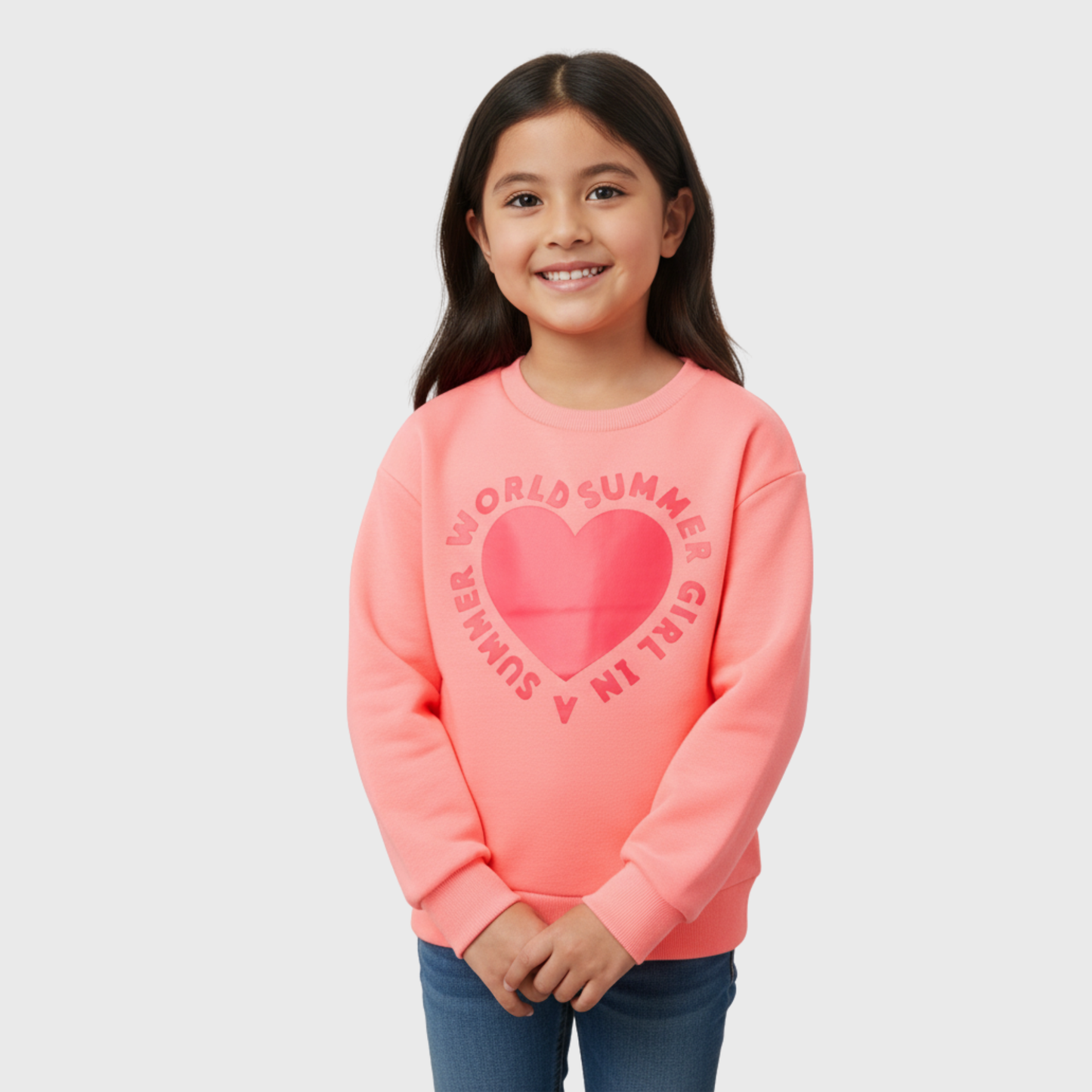 Girls' Pink Shoulder Down Sweatshirt – Summer Heart Design – Minor Fault (Ages 2–14)