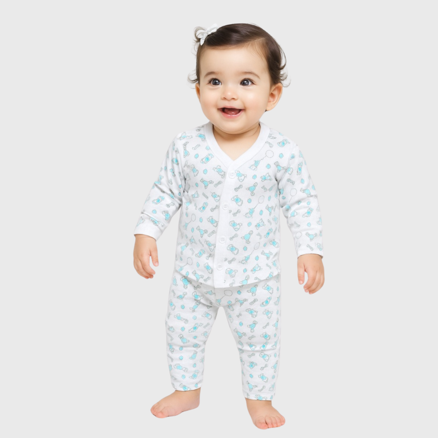 White Soft Cotton Night Suit with Cartoon Print