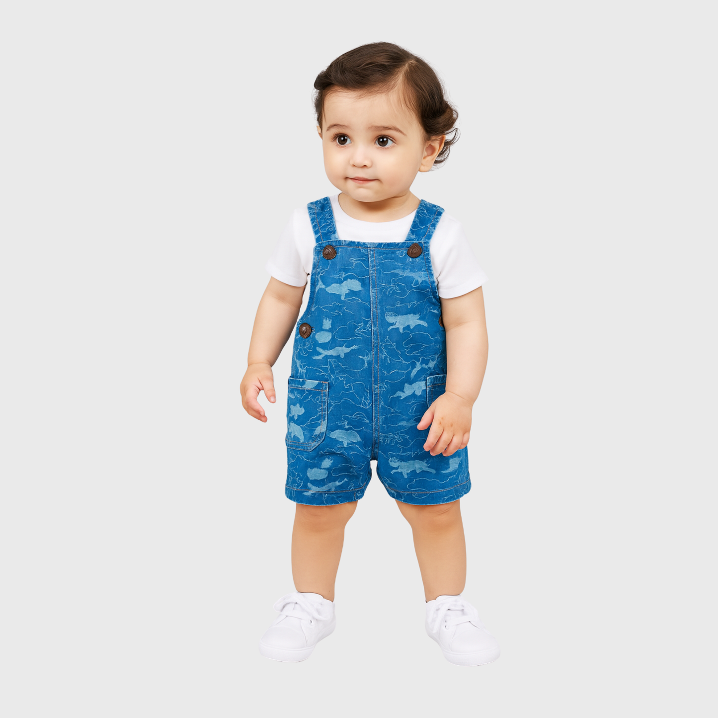 Blue Dolphin Print Denim Dungaree