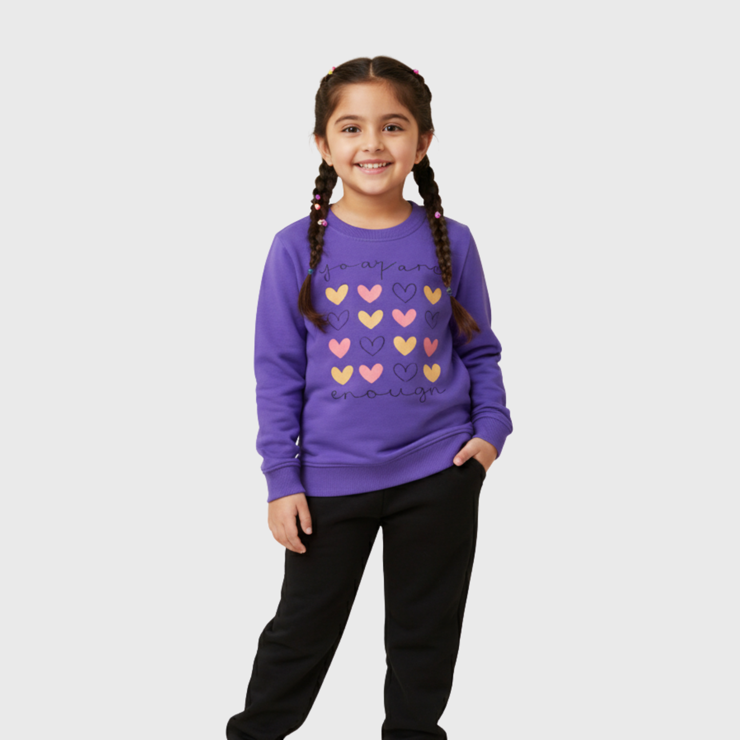 Girls "You Are Enough" Heart Trouser Shirt Set - Purple Top with Black Joggers | Mommy Minors