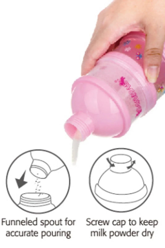 Pink milk powder and snack container with funneled spout and screw cap for easy pouring