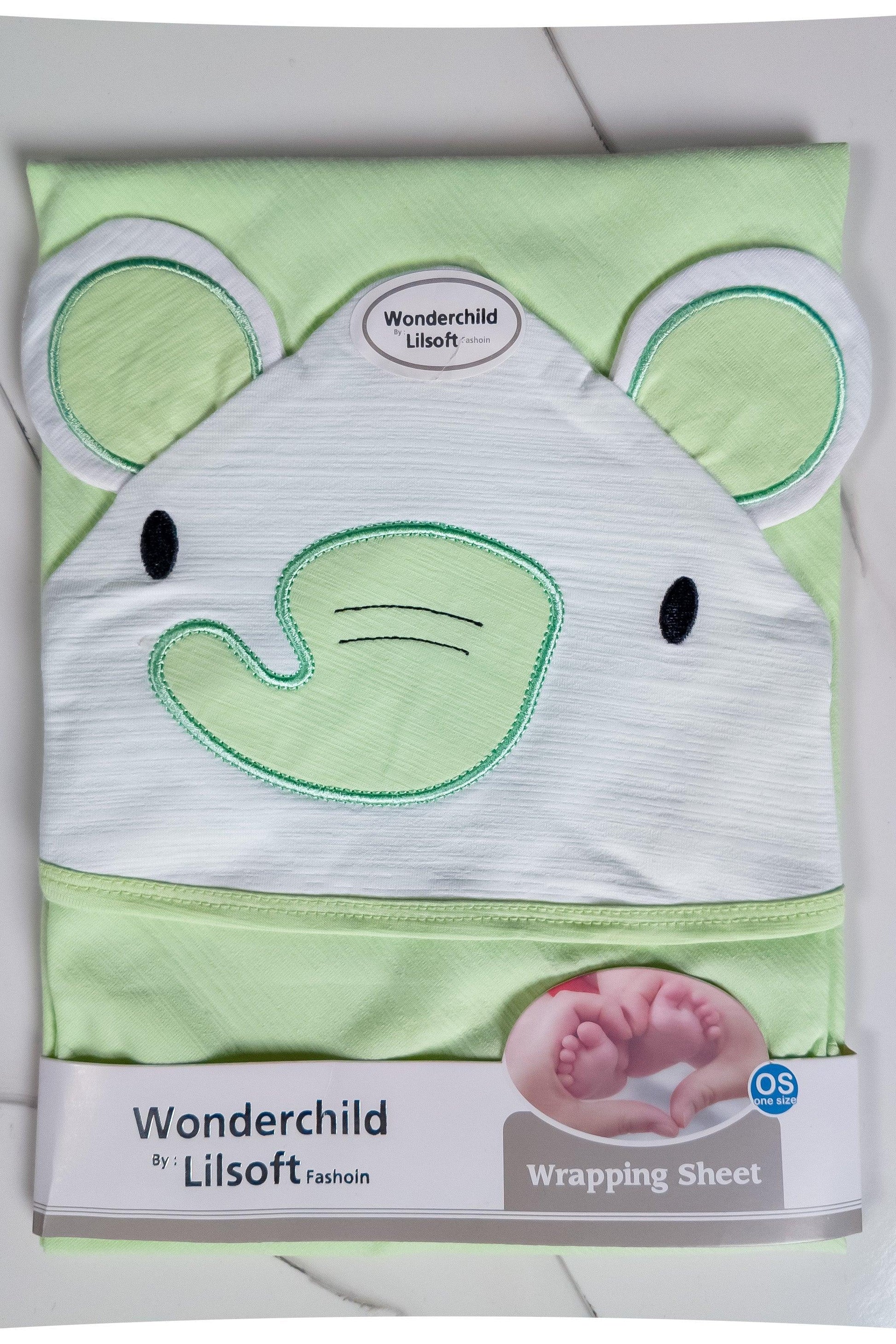 Green and white baby wrapping sheet with cute elephant face design, suitable for newborns.