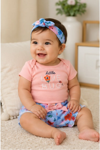 Mini Love Bug Flutter-Sleeve Tee, Floral Bloomers, and Headband Set Pink