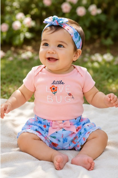 Mini Love Bug Flutter-Sleeve Tee, Floral Bloomers, and Headband Set Pink