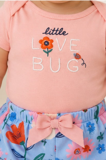 Mini Love Bug Flutter-Sleeve Tee, Floral Bloomers, and Headband Set Pink