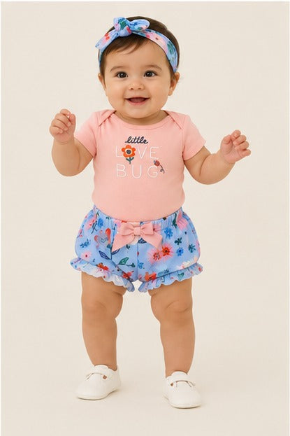 Mini Love Bug Flutter-Sleeve Tee, Floral Bloomers, and Headband Set Pink