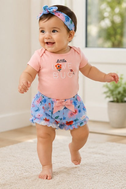 Mini Love Bug Flutter-Sleeve Tee, Floral Bloomers, and Headband Set Pink