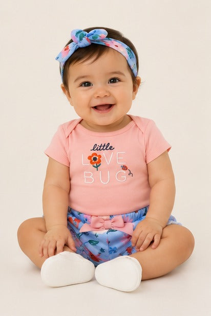 Mini Love Bug Flutter-Sleeve Tee, Floral Bloomers, and Headband Set Pink