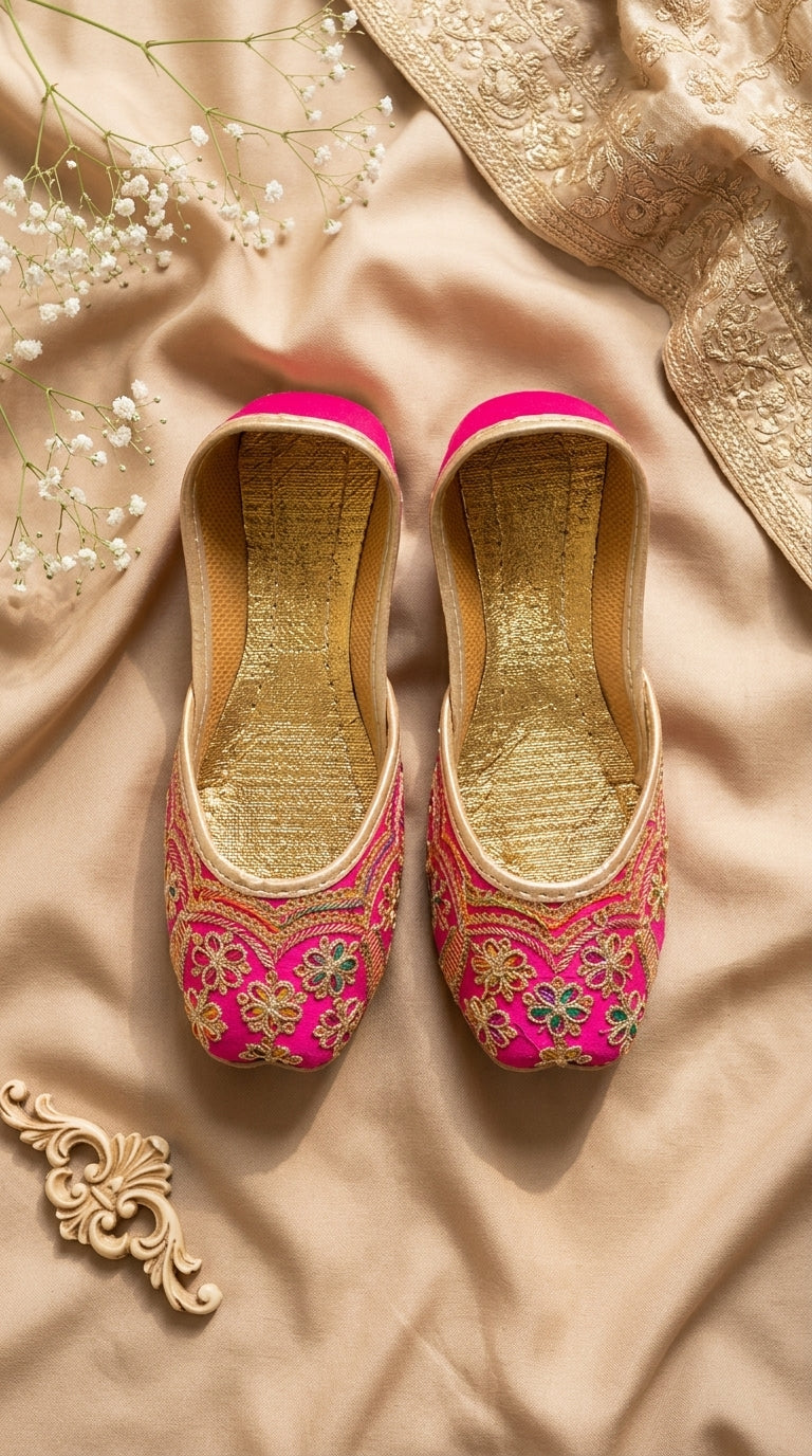 Kids Hot Pink Embroidered Khussa