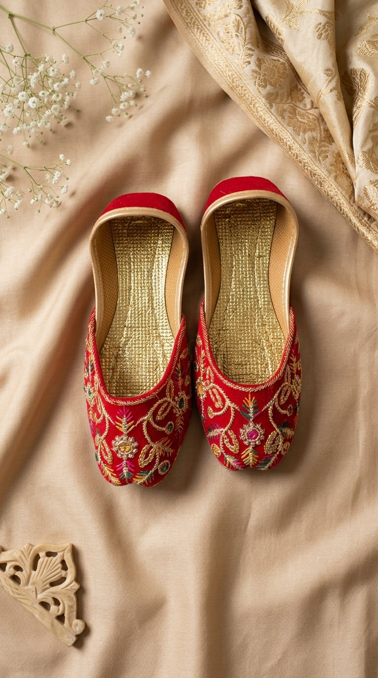 Kids Red Gold Embroidered Khussa