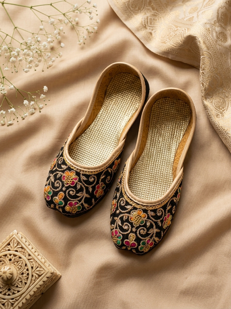 Kids Black Gold Floral Embroidered Khussa