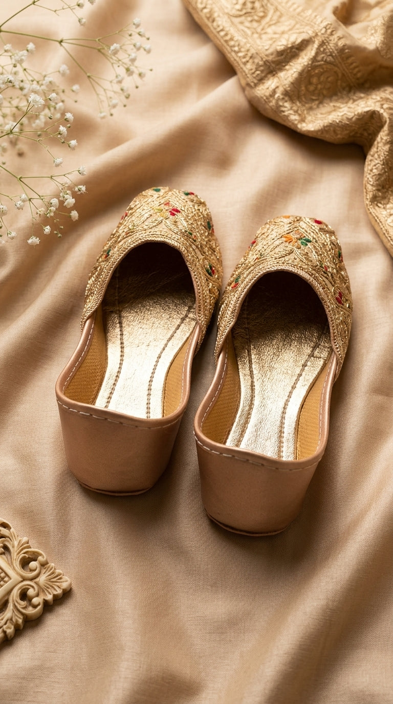 Kids Peach Gold Floral Embroidered Khussa
