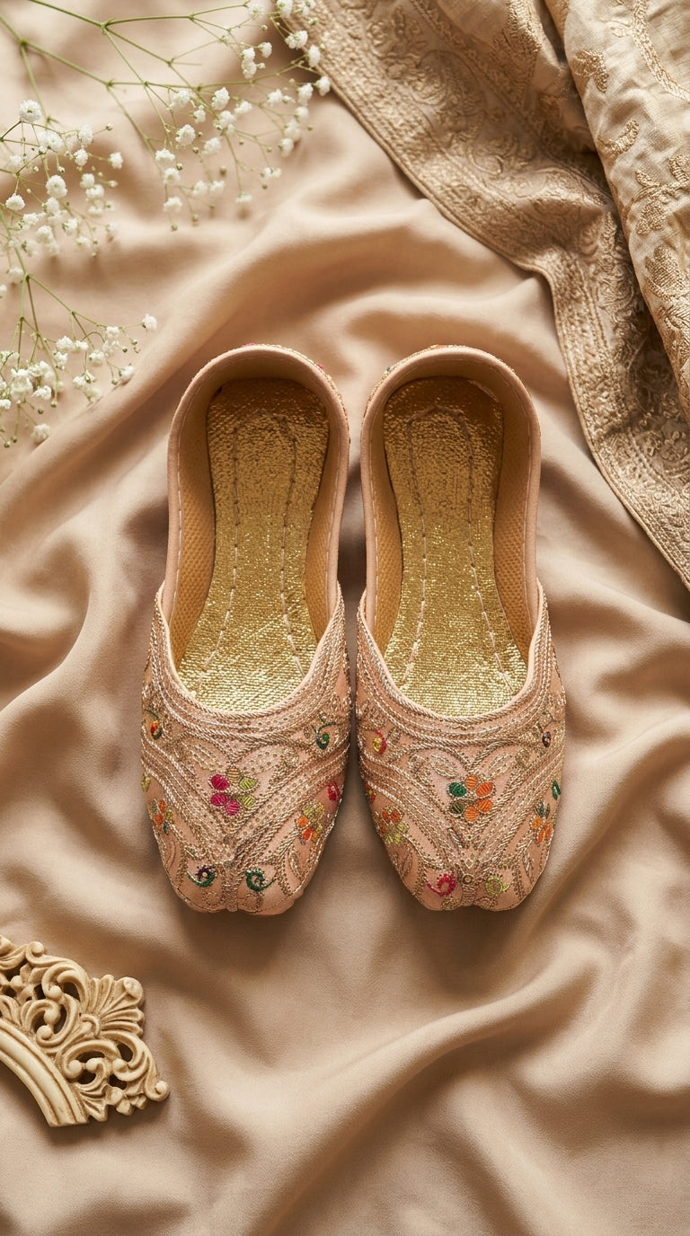 Kids Peach Gold Floral Embroidered Khussa